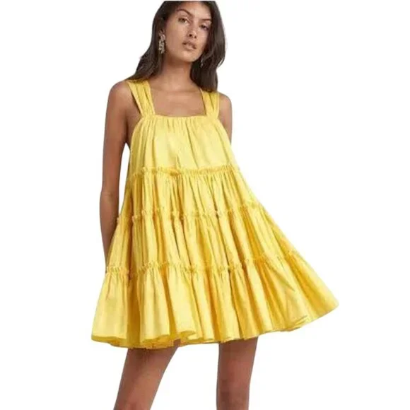 Aje Le Mempris Tiered Mini Dress Womens 4 Citrus Yellow Lemon Cotton Sleeveless